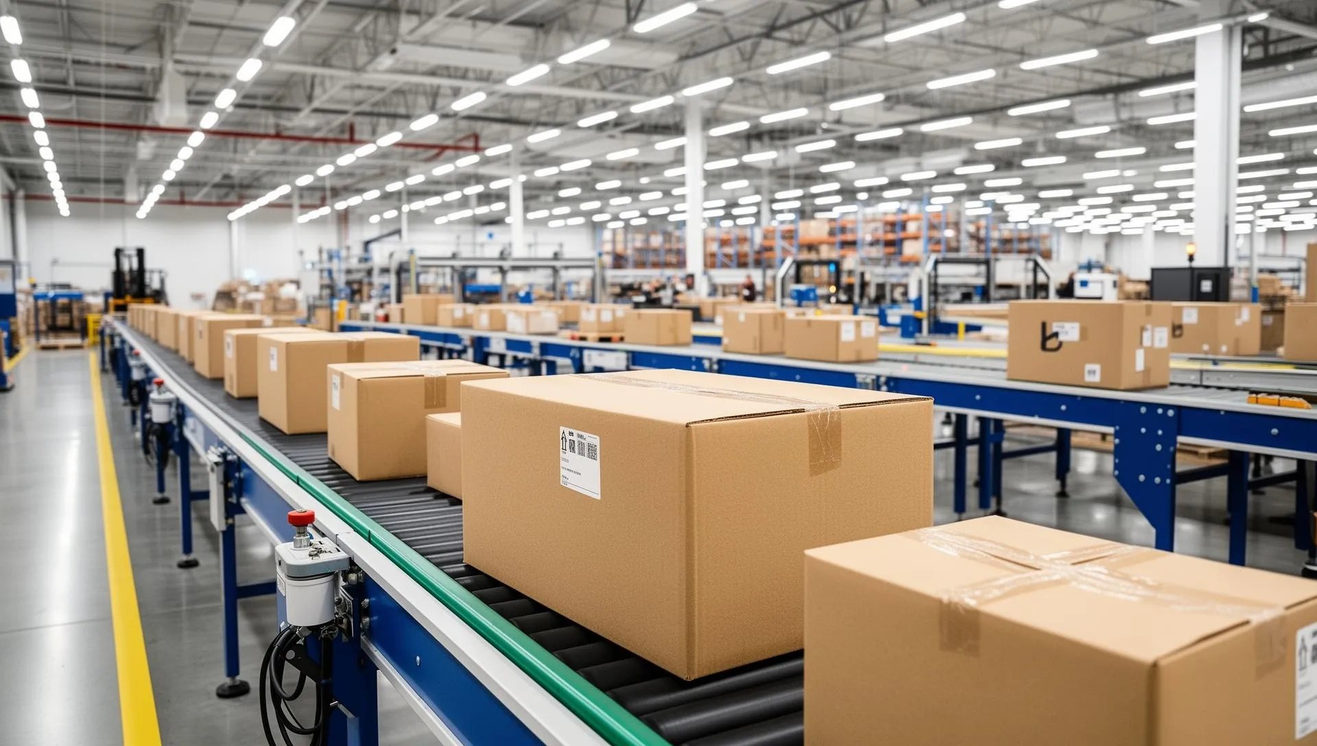 E-commerce fulfilment warehouse with packages on conveyor belts